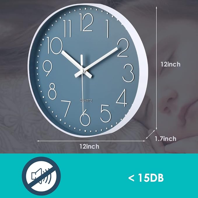 jomparis 12 Inch Silent Non-Ticking Battery Operated Quality Quartz Round Wall Clock Modern Decor Clock for Home Office Bedroom Bathroom(Cerulean Color)