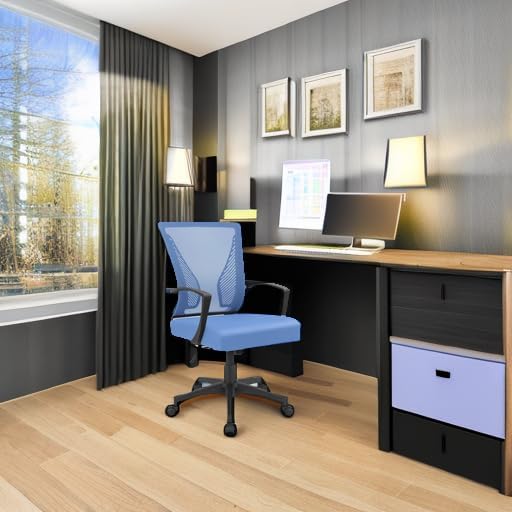 Furmax Office Chair Ergonomic Computer Desk Mesh Chair Mid Back Swivel Lumbar Support with Armrest (1, Blue)