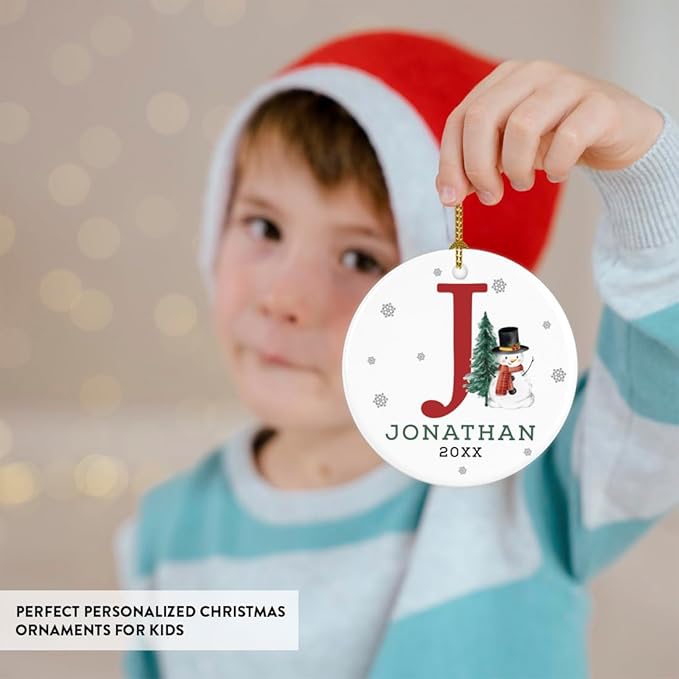 Andaz Press Personalized Ornament, Custom Name, Initial J Monogram Snowman 2.8" Ceramic Porcelain 2025 Christmas Ornament Keepsake for Kids, Boys, Girls, Initial Ornaments Monogram Ornament 1-Pack