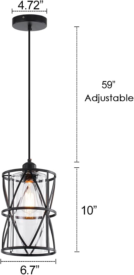 Black Industrial Metal Pendant Light with Clear Glass Shade, Transitional Cylinder Pendant Lighting Fixture for Kitchen Island Sink Counter Dining Room