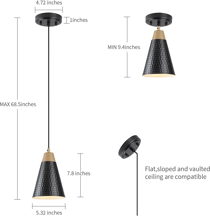 Dijiahua Black Kitchen Pendant Lighting Over Island 3 Pack,Small Modern Farmhouse Chandeliers with Hammered Metal Cone Shade,Mini Industrial Adjustable Cord Hanging Ceiling Lamp Fixtures Over Sink