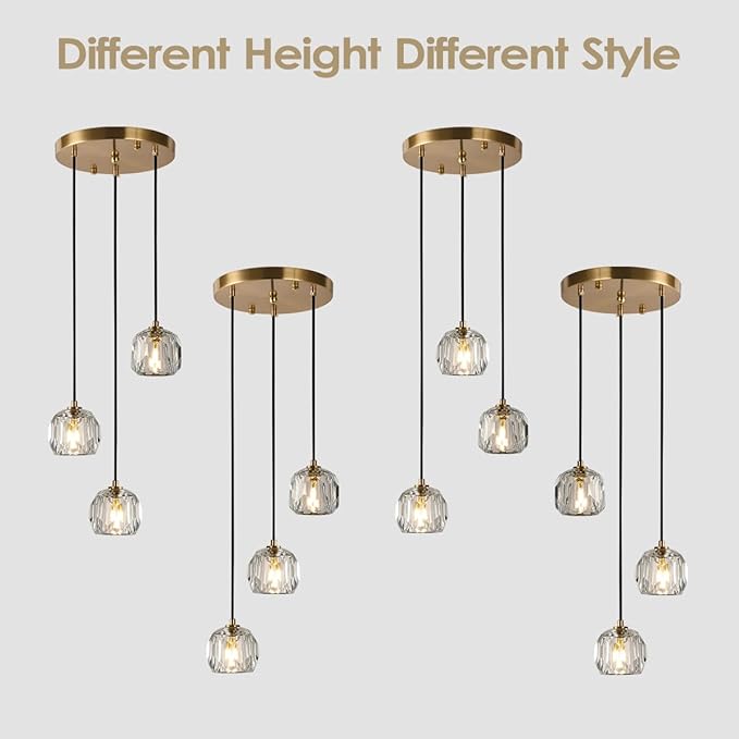 3 Light Pendant Light Fixtures, Crystal Pendant Lights Kitchen Island, Modern Hanging Lights Brushed Brass Cluster Pendant Lighting for Dining Room Bathroom