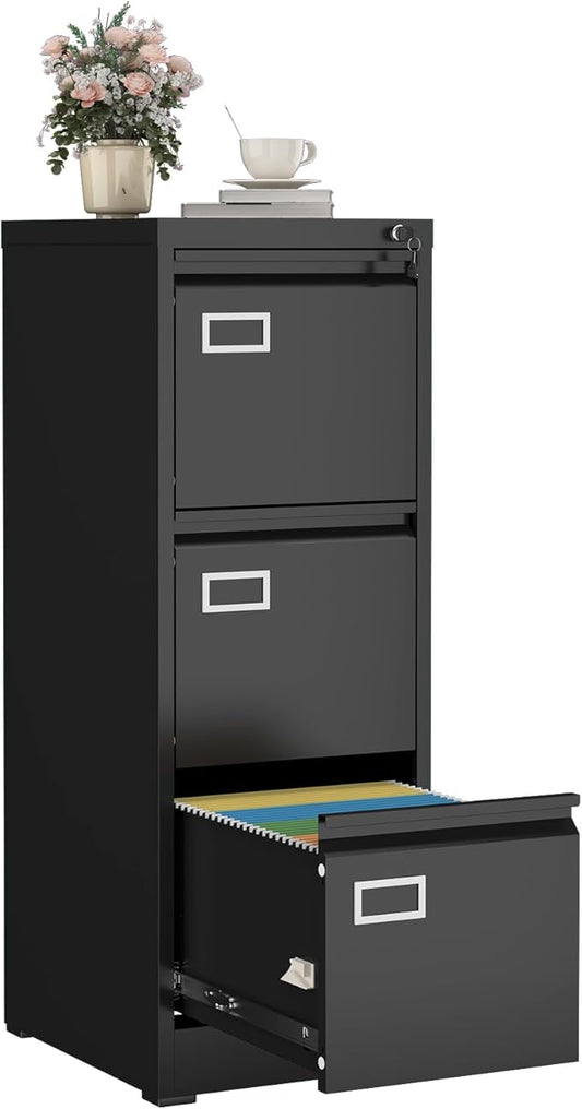 GREATMEET 3 Drawer File Cabinet with Lock, Metal Vertical File Cabinets for Home Office, Black Filing Cabinet for Letter/Legal/A4/F4 Size File,Assembly Require