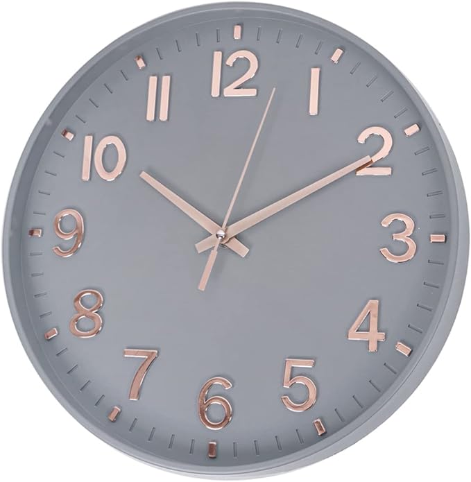 HZDHCLH Modern Wall Clocks Battery Operated,12 inch Silent Non Ticking Round Quartz Clock for Wall,3D Numbers Wall Clock for Kitchen Bedroom Living Room Office Classroom Decor (Grey-Rosegold)