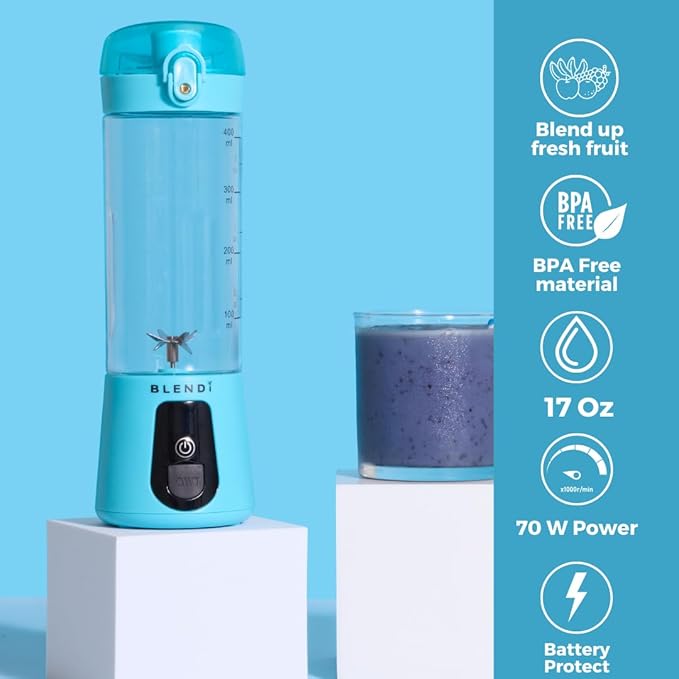 BLENDi Lite Portable Blender (17oz) – USB Rechargeable, Powerful 70W Motor for Smoothies, Protein Shakes & More – Compact, Travel-Friendly & BPA-Free (Turquoise)
