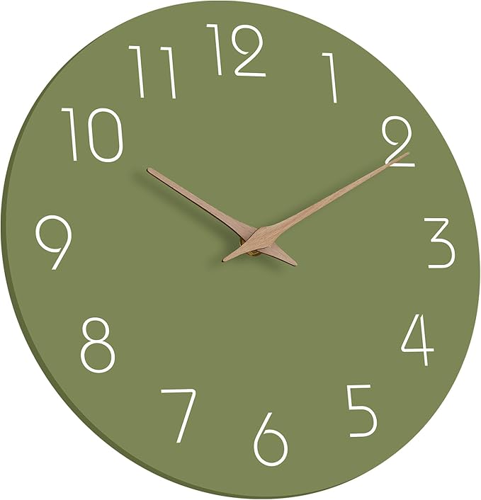 Mosewa Modern Wall Clock Silent Non-Ticking 14 Inch Olive Green Battery Operated Simple Minimalist for Living Room Office Bedrooms Kitchen Home Decor