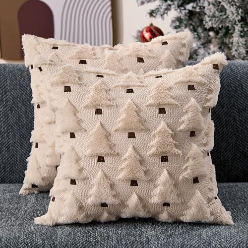 Allorry Christmas Pillow Covers 18x18 inch Set of 2 Xmas Decorations Soft Plush Faux Fur Wool Beige Christmas Tree Throw Pillow Cases Winter Holiday Decor for Sofa Living Room PT-002C18