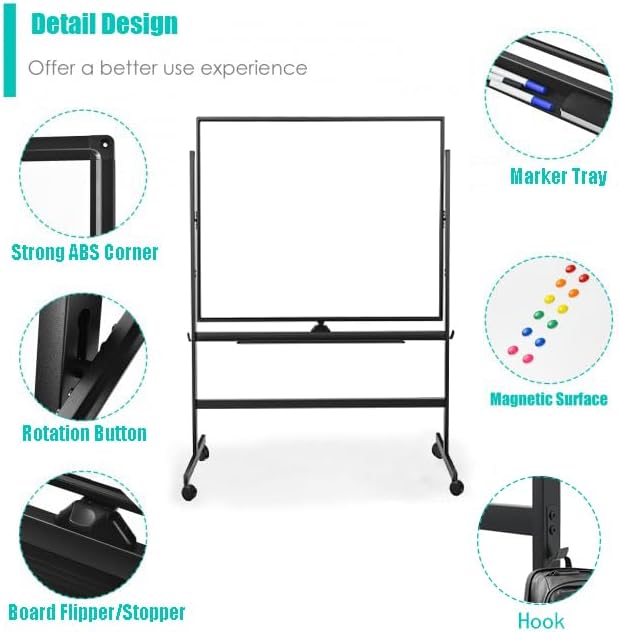 BIBOC Large White Board 32x48 Inches - Mobile Rolling White Board on Wheels, Double-Sided Height Adjustable Dry Erase Whiteboard Wheel with Stand for Office, School, Home-BNK3248WH