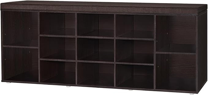 DINZI LVJ Shoe Storage Bench with Cushion, 13-Cubby Shoe Rack, Adjustable Shelves, Multifunctional Shoe Organizer Bench for Entryway, Mudroom, Hallway, Living Room, Bedroom and Garage, Espresso