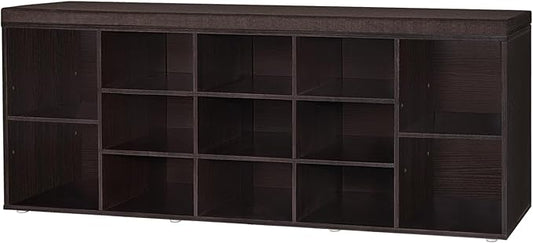 DINZI LVJ Shoe Storage Bench with Cushion, 13-Cubby Shoe Rack, Adjustable Shelves, Multifunctional Shoe Organizer Bench for Entryway, Mudroom, Hallway, Living Room, Bedroom and Garage, Espresso