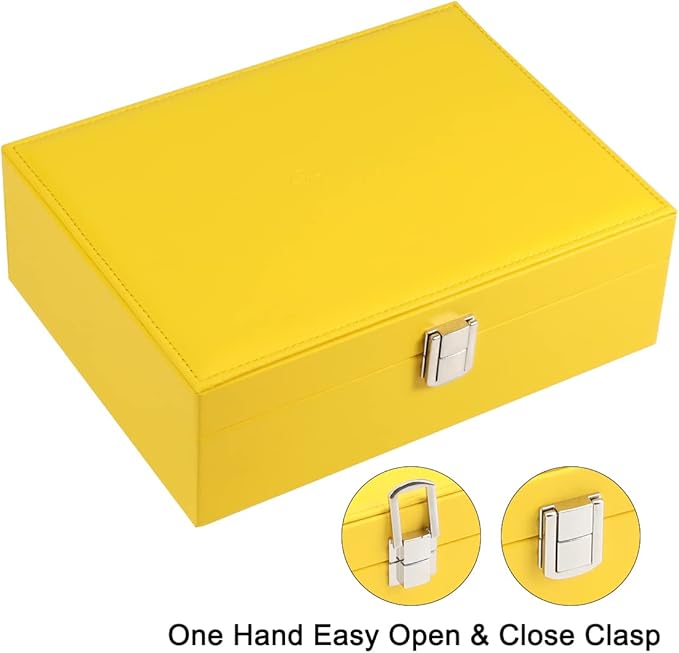 Voova Jewelry Box Organizer for Women Girls, 2 Layer Large Men Jewelry Storage Case, PU Leather Display Jewellery Holder with Removable Tray for Necklace Earrings Rings Bracelets, Vintage Gift, Yellow