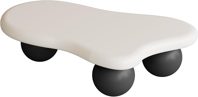 47 Inch Cloud Shaped Coffee Table with 3 Ball Legs for Living Room White Top Black Legs