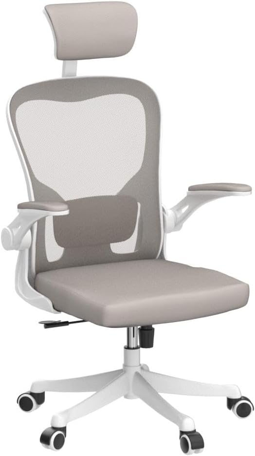 Monhey Office Chair Ergonomic Desk Chair with Lumbar Support&Headrest&Flip-up Arms Height Adjustable Rocking Swivel High Back Computer Chair Warm Taupe Mesh Study Chair (02White+Khaki)