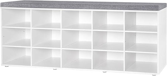 DINZI LVJ Shoe Storage Bench with Cushion, 15-Cubby Shoe Rack, Adjustable Shelves, Long Shoe Organizer Bench for Entryway, Mudroom, Hallway, Living Room, Bedroom and Garage, White