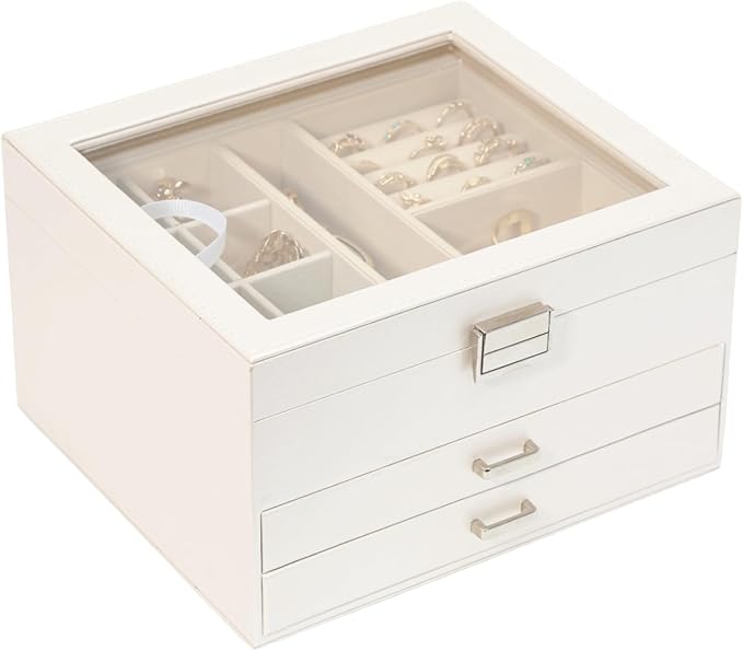 Clear Lid Jewelry Box,3 Layers Jewelry Organizer Large Multi-Functional Jewelry Storage Box with 2 Drawers,Jewelry Display Case of Rings Earrings Necklace Bracelets for Women Girls (Light gold)