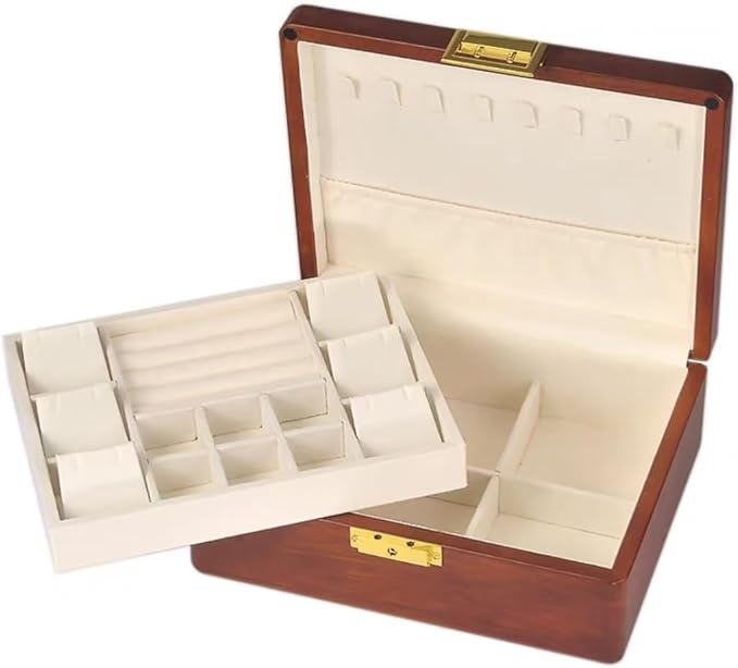Bescott 2 Layer Solid Wooden Jewelry Box with Lock and Key for Women Men Vintage Velvet Wood Jewelry Organizer Storage for Earrings Rings Necklaces Bracelet Watch Mother’s Day Gift