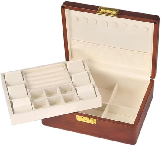 Bescott 2 Layer Solid Wooden Jewelry Box with Lock and Key for Women Men Vintage Velvet Wood Jewelry Organizer Storage for Earrings Rings Necklaces Bracelet Watch Mother’s Day Gift