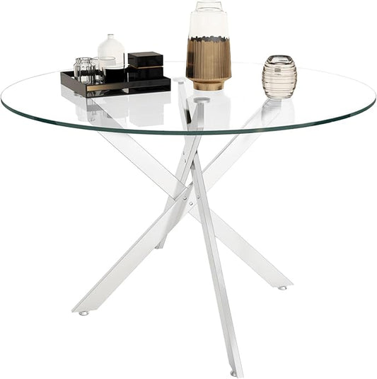 Round Glass Dining Table,Glass Dining Room Table with Tempered Glass Tabletop and Metal Legs, Modern Style Round Kitchen Table for Home, Kitchen, Dining Room