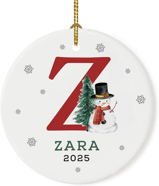 Andaz Press Personalized Christmas Ornaments, Custom Name, Initial Z Monogram Snowman 2.8" Ceramic Porcelain 2025 Christmas Ornament Keepsake for Kids, Boys, Girls, Christmas Initial Ornaments 1-Pack