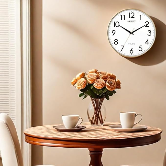 13 Inch Round Wall Clock Silent Non-Ticking Battery Operated Large Display Analog for Living Room Bedroom Study and Kitchen Decor(Gold)