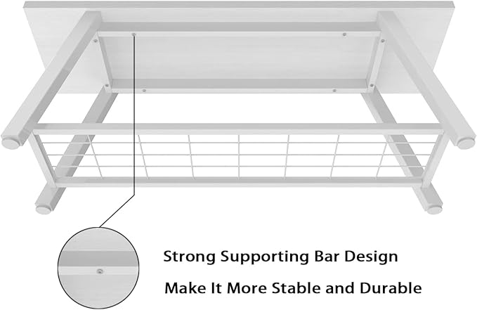 Industrial Entryway Bench Rustic Wood and Metal Storage Bench for Indoor Living Dining Room Bedroom Long Shoe Benches Seat (White)