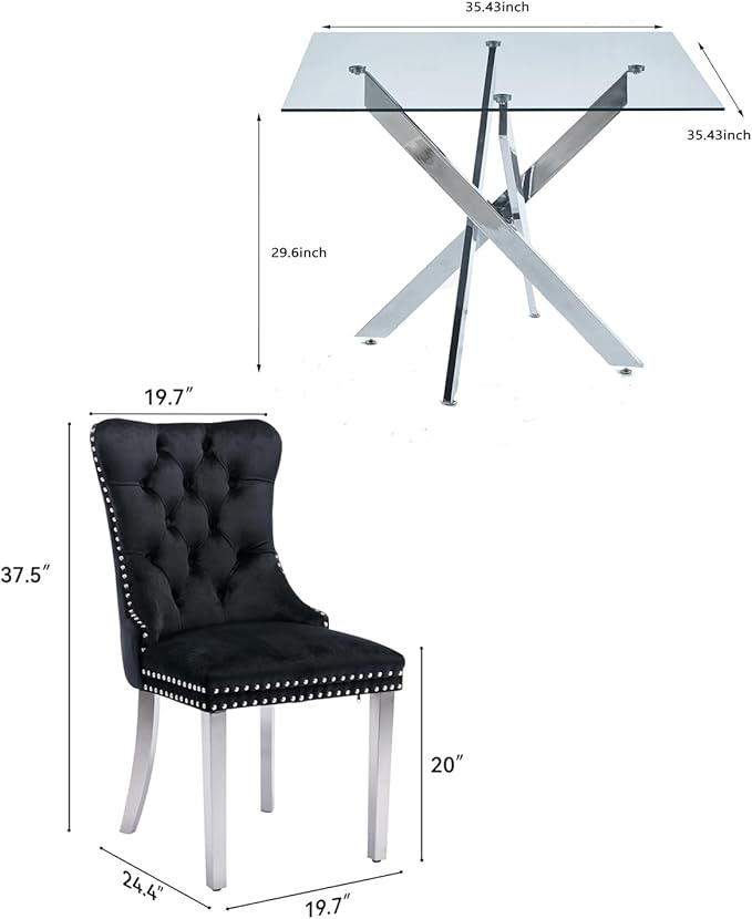 Goujxcy 5 Piece Glass Dining Table Set Modern Small Glass Dining Table Set for 4, 35.43" Square Kitchen Table and 4 Velvet Upholstered Chairs for Kitchen Dining Room, Silver & Black