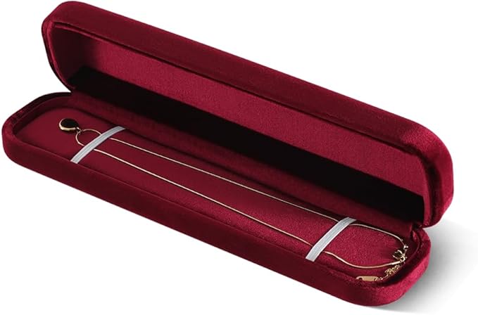Resilient Velvet Ring Earrings Bracelet Necklace Display Box, Travel Mini Jewelry Organizer Case (Red, Long Chain Box)