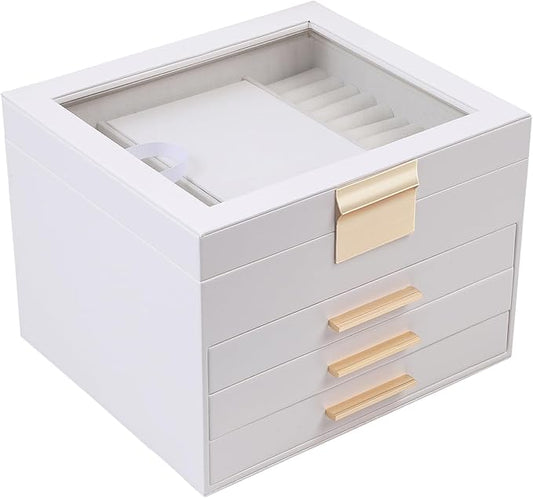 BOOVO Clear Lid Jewelry Box,4 Layers Jewelry Organizer Large Jewelry Storage Box with 3 Drawers,Jewelry Holder Organzier of Rings Earrings Necklace Bracelets for Women (White, 4 Layer)