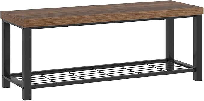 FOLUBAN Shoe Bench, Modern Wood and Metal Storage Bench for Entryway Hallway, Industrial Indoor Bedroom Bench Seat for Living Room, Mudroom, Rustic Walnut, 47 Inch