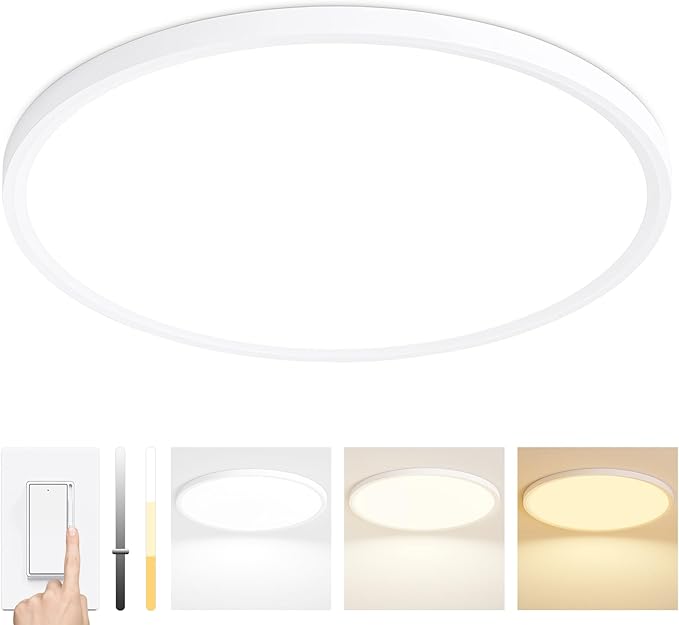 24 Inch Dimmable LED Ceiling Light Fixture, Ultra Thin Flush Mount, 48W 4800Lumen, 3 Color Changeable, Round, White, for Dining Room, Living Room, Bedroom, Office, Hotel