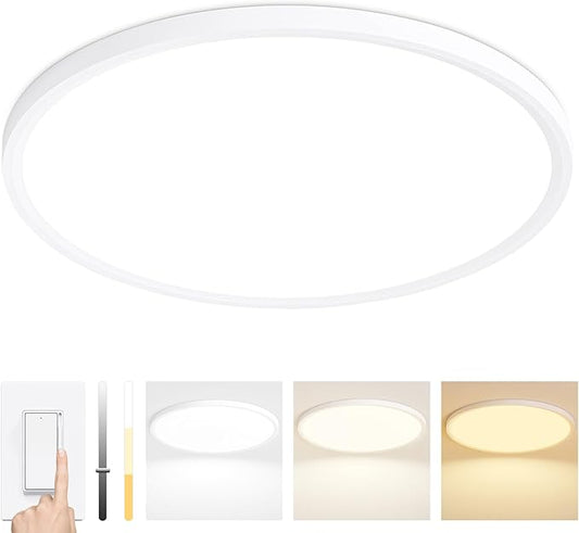 24 Inch Dimmable LED Ceiling Light Fixture, Ultra Thin Flush Mount, 48W 4800Lumen, 3 Color Changeable, Round, White, for Dining Room, Living Room, Bedroom, Office, Hotel