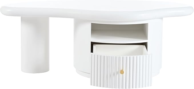 WILLIAMSPACE 43.3" Cloud Coffee Table with Drawer and Shelf, Modern Irregular Shape Coffee Table Storage Center Table Accent Side End Table for Living Room Apartment, White