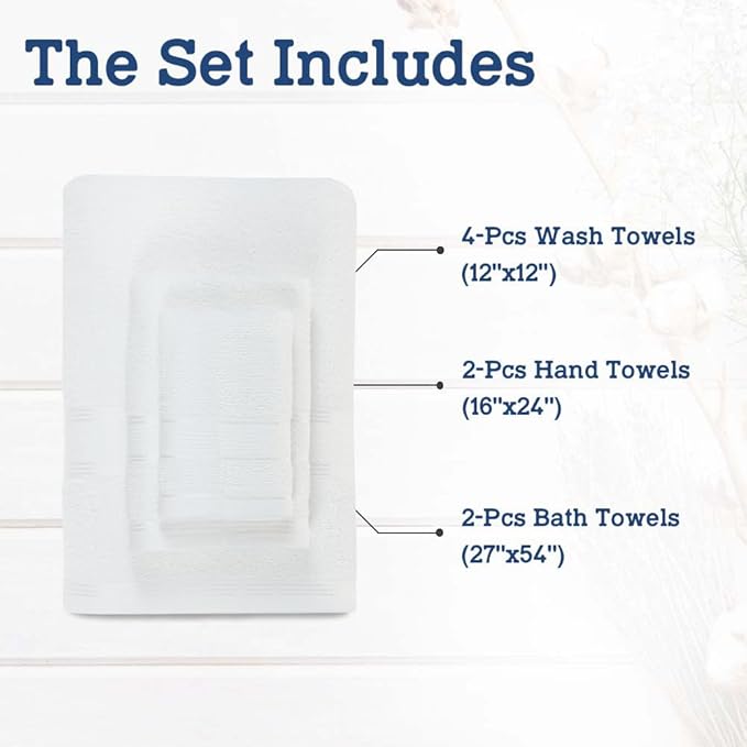 Casa Lino Bath Towel Set of 8 (2 Bath Towels, 4 Wash Cloths & 2 Hand Towels for Bathroom) - 100% Cotton - Highly Absorbent & Quick Dry - Guest Room Essentials for Bathroom Set - (White)