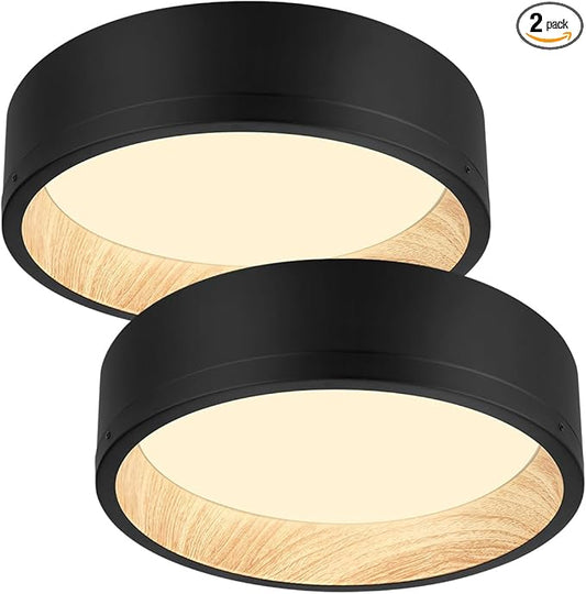 DAKASON 2Pack Black Ceiling Light Flush Mount, Modern LED Ceiling Light Fixture Dimmable with Metal Frame and Wood Painting, 12.5’’ 25W 3/4/5000K CCT Selectable for Kitchen Hallway Dining Living Room
