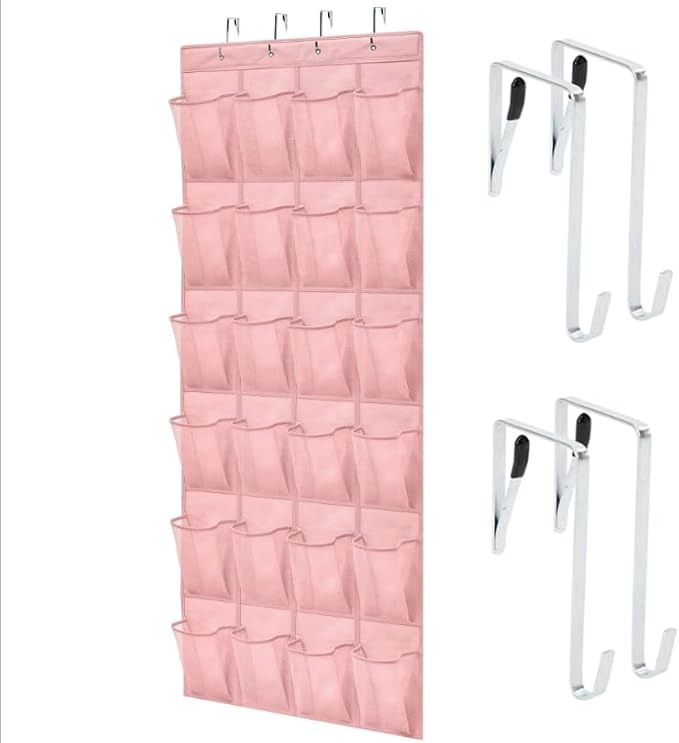 GORILLA GRIP Over the Door Shoe Organizer, 24 Large Breathable Mesh Pockets, Space Saving Hanging Storage Holder, Closet Rack Hanger Holds Up to 40 lbs, Hangs on Closets for Shoes, Accessories, Pink