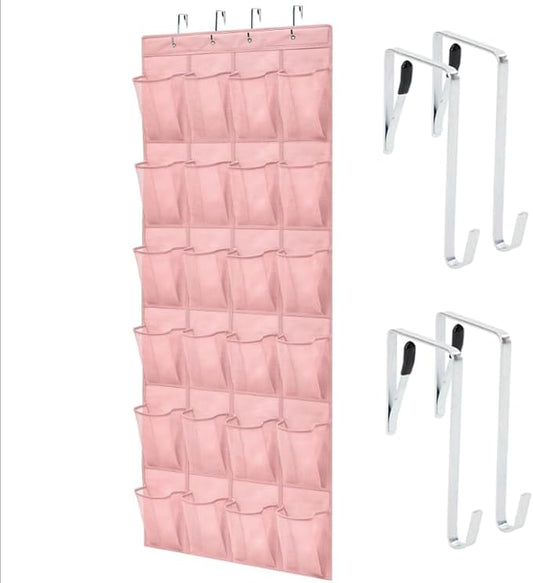 GORILLA GRIP Over the Door Shoe Organizer, 24 Large Breathable Mesh Pockets, Space Saving Hanging Storage Holder, Closet Rack Hanger Holds Up to 40 lbs, Hangs on Closets for Shoes, Accessories, Pink