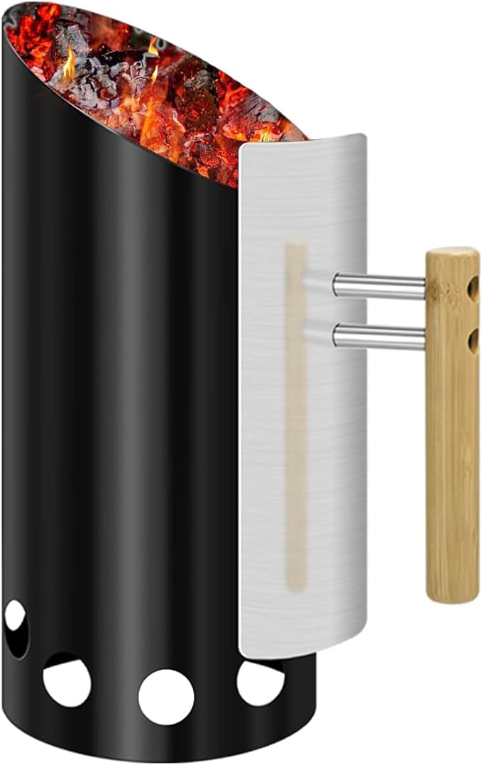 Charcoal Chimney Starter Double Enameled Chimney Starter Charcoal Chimney with Heat Shield & Wood Handle Great Heat Insulation Coal Starter for Grill Easy Grip Charcoal Starter, Black
