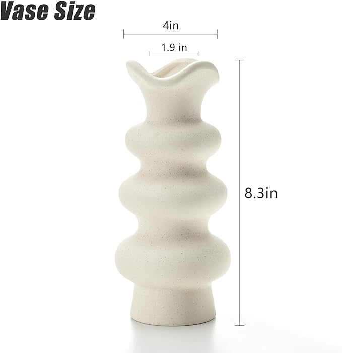 Modern Decorative White Ceramic Vases for Home Decor 8.3 Inch, Minimalist Boho Flower Aesthetic Cream Vase for Pampas Grass