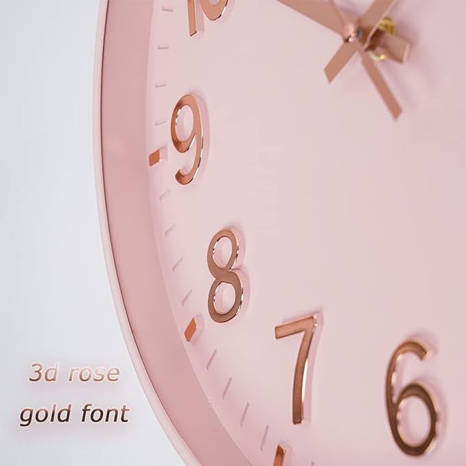 HZDHCLH Pink Wall Clocks Battery Operated,12 inch Silent Non Ticking Modern Wall Clock for Living Room Bedroom Kitchen Office Classroom Decor