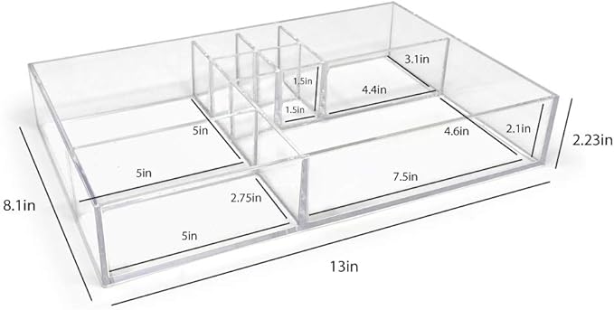 Isaac Jacobs 8-Compartment Clear Acrylic Drawer Organizer (13" L x 8.1" W x 2.3" H), Multi-Sectional Tray & Storage Solution for Makeup, School & Office Supplies, Bathroom, Kitchen