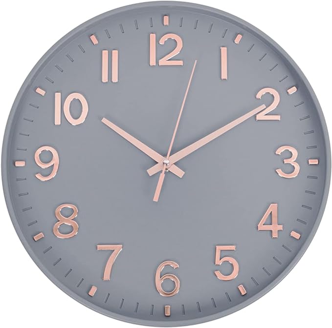 HZDHCLH Modern Wall Clocks Battery Operated,12 inch Silent Non Ticking Round Quartz Clock for Wall,3D Numbers Wall Clock for Kitchen Bedroom Living Room Office Classroom Decor (Grey-Rosegold)