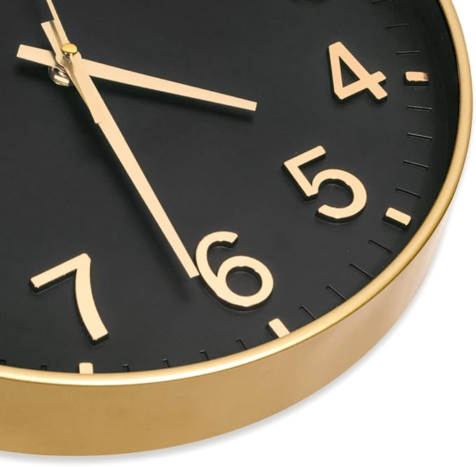 HZDHCLH Black Wall Clocks Battery Operated,12 inch Silent Non Ticking Modern Clock for Wall, 3D Numbers Wall Clock for Kitchen Bedroom Living Room Office Classroom Decor (Black-Gold)