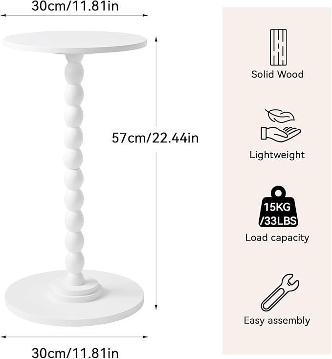 Side Table, Wood Round Drink Table, Small End Table, Weighted Base Pedestal Table for Living Room, Bedroom, Modern White YD-RST001W