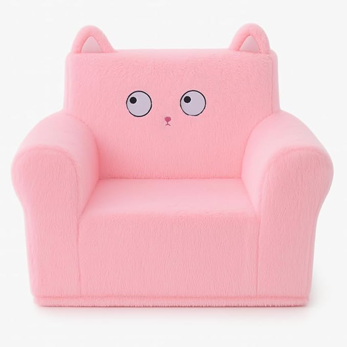 Cute Animal Toddler Foam Chair, Soft Faux Rabbit Fur, Removable Washable Cover, Kids Reading, Watching TV, or Relaxing, for Playroom, Bedroom, Living Room, 1-3 Years Old, Pink Cat