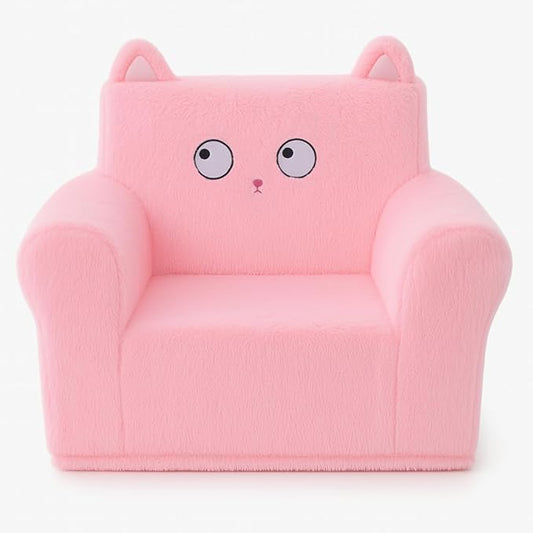 Cute Animal Toddler Foam Chair, Soft Faux Rabbit Fur, Removable Washable Cover, Kids Reading, Watching TV, or Relaxing, for Playroom, Bedroom, Living Room, 1-3 Years Old, Pink Cat
