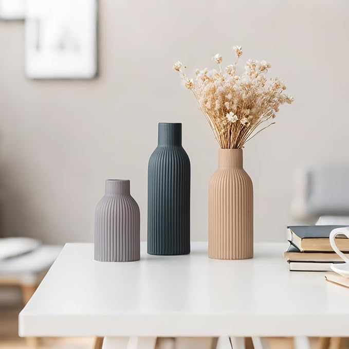 Modern Ceramic Vases Set of 3, Black Ribbed Decorative Vases, Shelf Table Centerpiece for Home Decor (Black Mix)