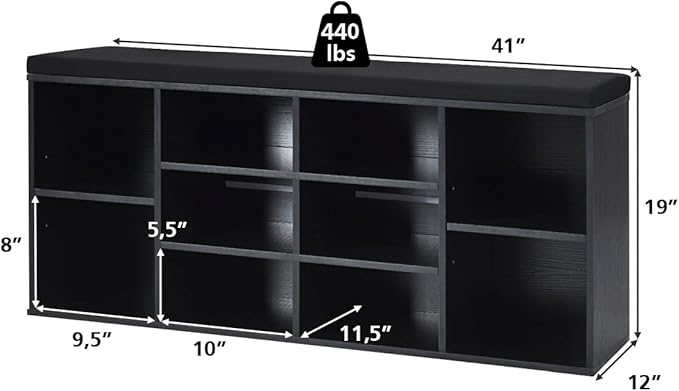 Giantex Shoe Storage Bench with Cushion, Entryway Shoe Rack Bench, Adjustable Shelves, 10-Cubbies Organizer Bench for Entryway, Living Room, Bedroom, Hallway, Closet, Mudroom (Black)