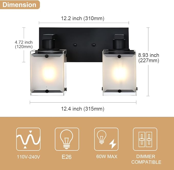 Black Wall Sconce Lighting, 2-Light Bathroom Vanity Light Fixture Wall Mount Lamp Over Mirror for Bedroom Bedside Studty Living Room, Rectangular Frosted Glass Shade
