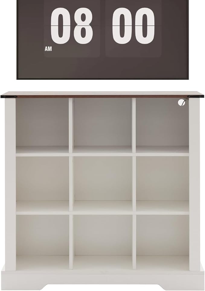 9 Cube Storage Organizer, 3 Tier Bookshelf for Living Room, Farmhouse Bookcase with Led, Kids Toy Storage Cabinet, Wall Cubby Shelves for Home Decor, Wood Display Cabinet for Bedroom, White