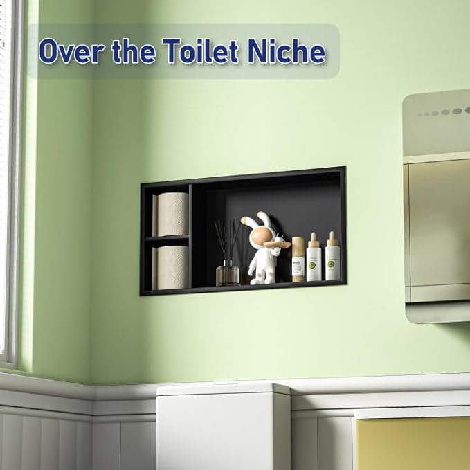 Stainless Steel Shower Niche 24" X 12" Matte Black No Tile Needed Horizontal Niche Shower with Shelf Recessed Wall Niches for Bathroom Storage